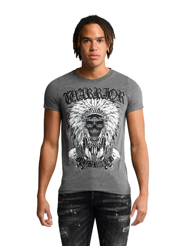 Men's T-shirts comfy tan-Warrior Indian Skull T-Shirt | GREY