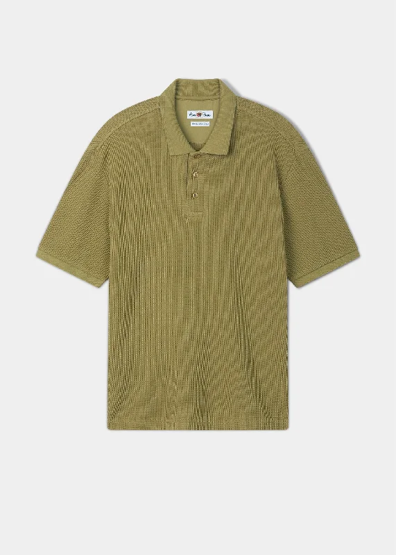 Men's polo shirts durable black-Whitwell Short Sleeve Waffle Stitch Polo In Olive