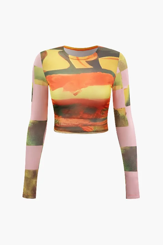 Ladies long-sleeve tops lightweight brown-Abstract Print Long Sleeve Crop Top