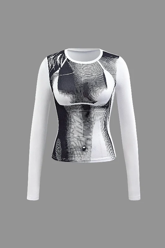 Ladies long-sleeve tops everyday gray-Body Heat Print Long Sleeve Top