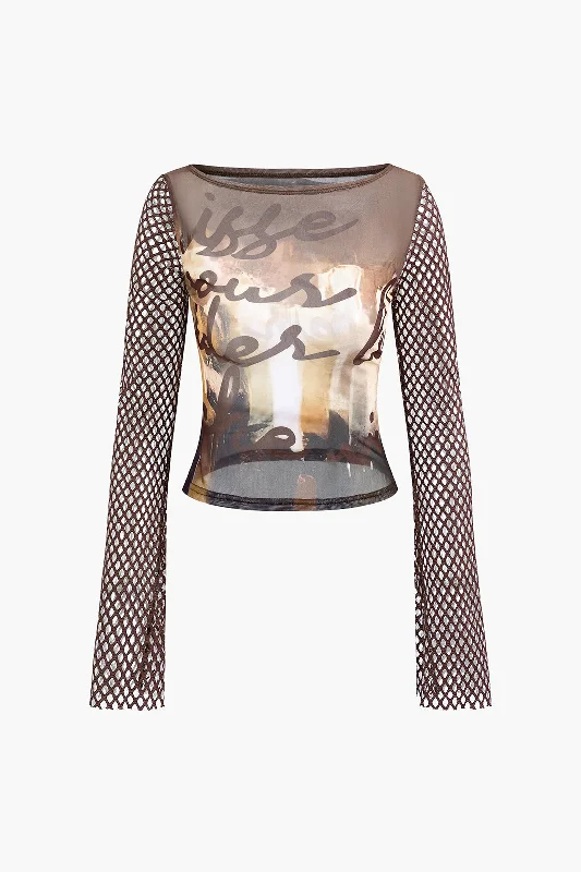 Ladies long-sleeve tops soft green-Abstract Print Mesh Long Sleeve Top