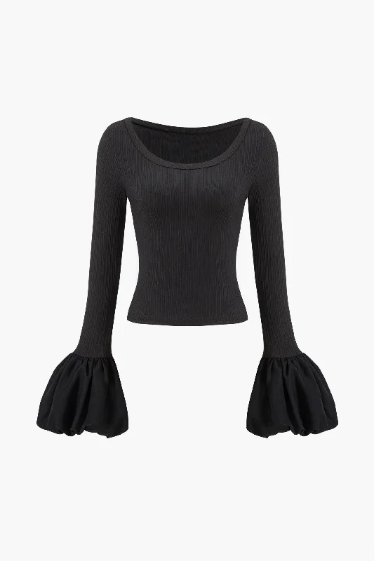 Ladies long-sleeve tops breathable navy-Puff Sleeve Patchwork Long-Sleeve Top