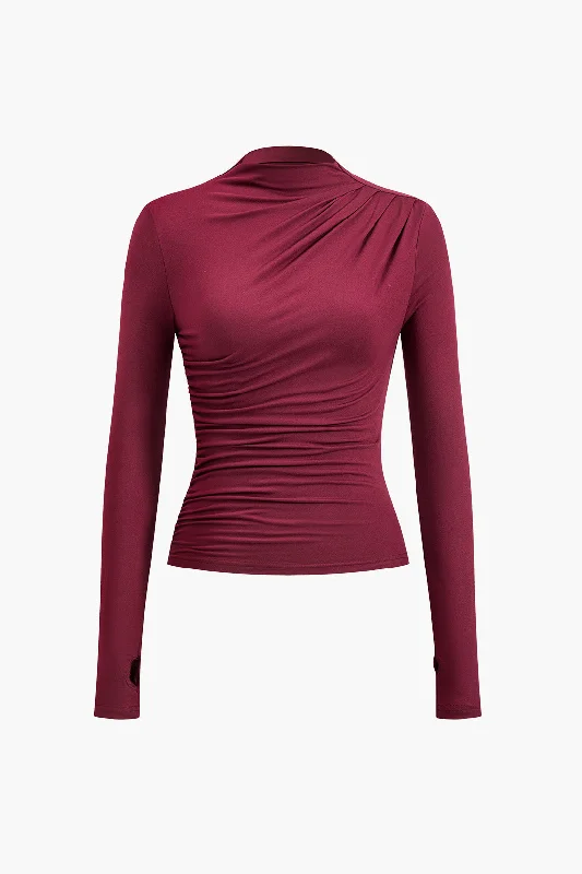 Ladies long-sleeve tops trendy navy-Mock neck Ruched Long Sleeve Top