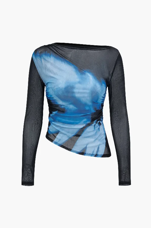 Ladies long-sleeve tops breathable white-Abstract Print Mesh Long-Sleeve Top