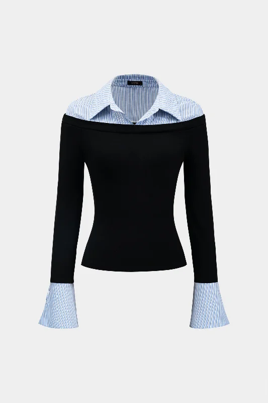 Ladies long-sleeve tops elegant navy-Stripes Print Patchwork Long-Sleeve Top