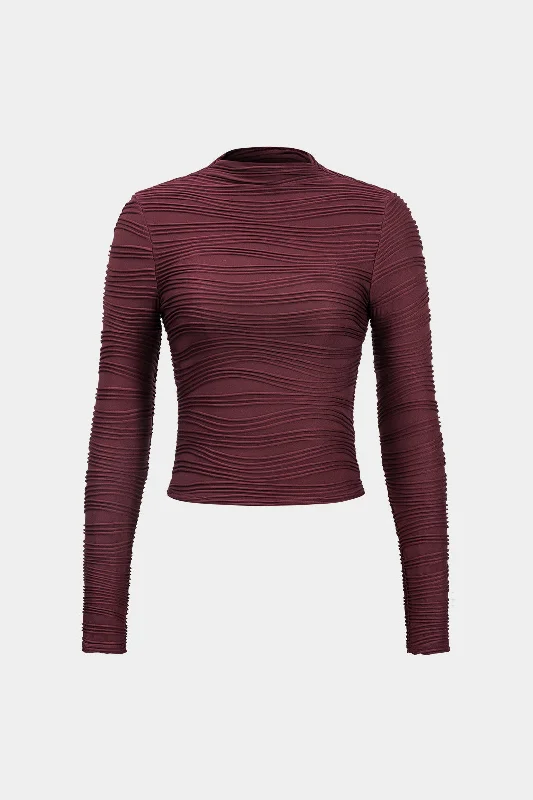 Ladies long-sleeve tops trendy brown-Basic Textured Long-Sleeve Top