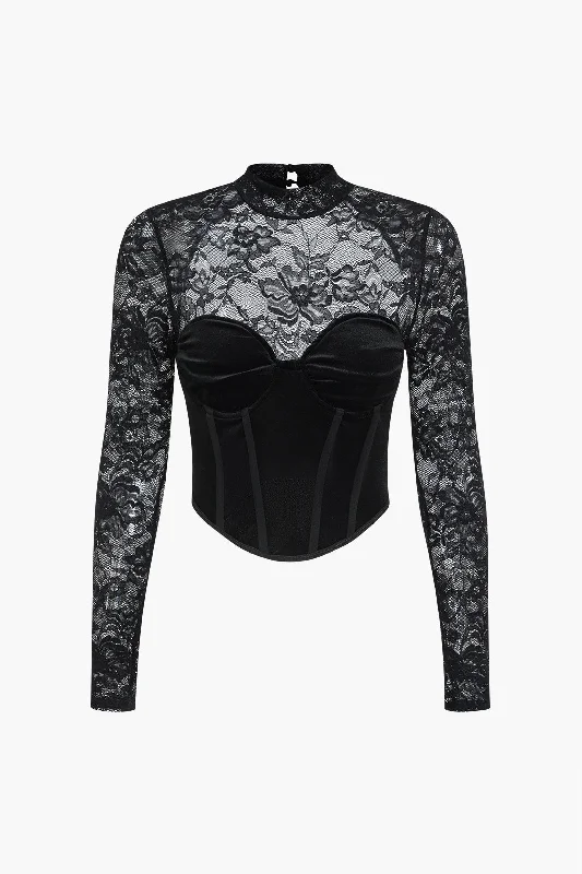 Ladies long-sleeve tops slim white-Velvet Patchwork Corset Backless Long-Sleeve Top