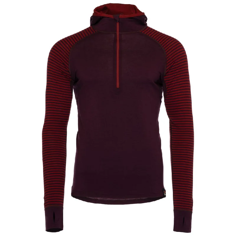 Ladies long-sleeve tops elegant black-Mens Merino 200 Zip Neck Hoodie (Stripe Wine/Red)